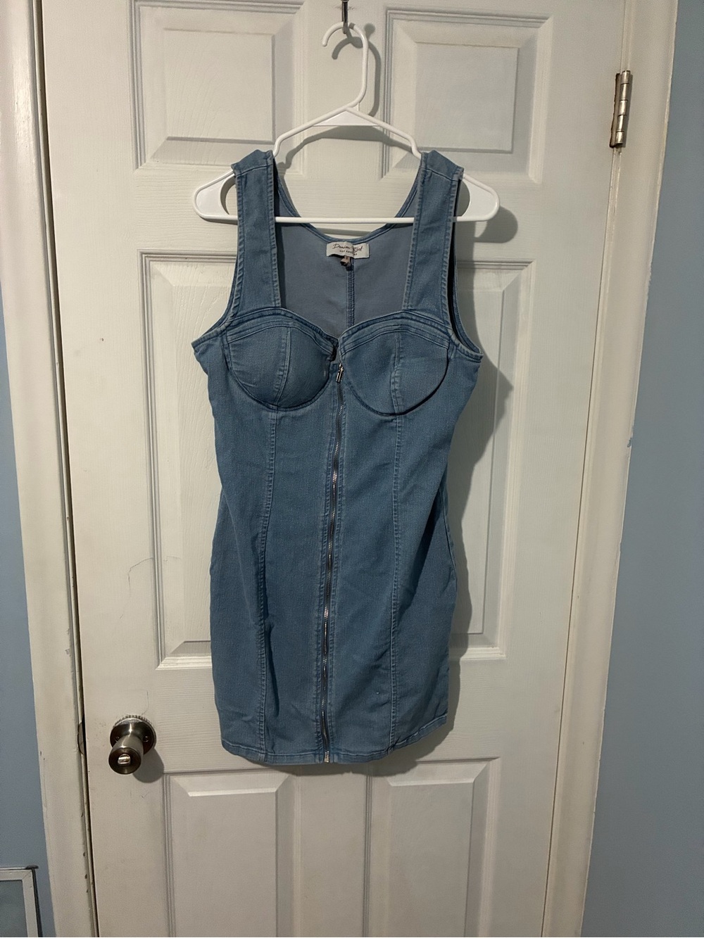 Light Blue Denim Zip-Front Mini Dress with Bust Detailing
